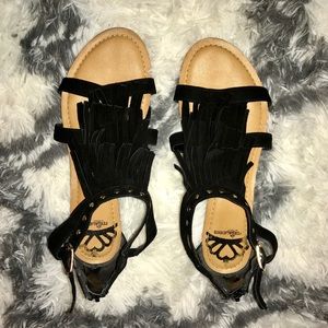 Black Fringe Sandals by Fergie
